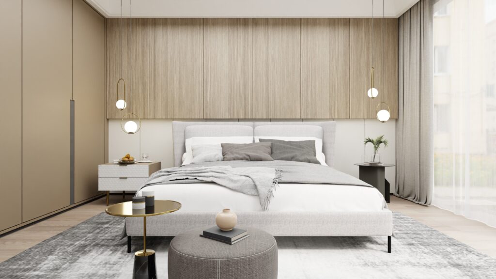 A cozy, contemporary bed